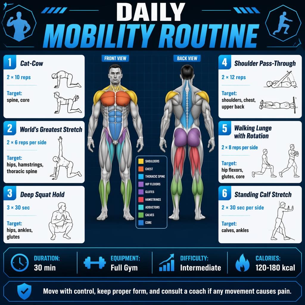 Blue fitness infographic with front and back body diagrams, 6 mobility exercise cards, quick stats, and safety tip.