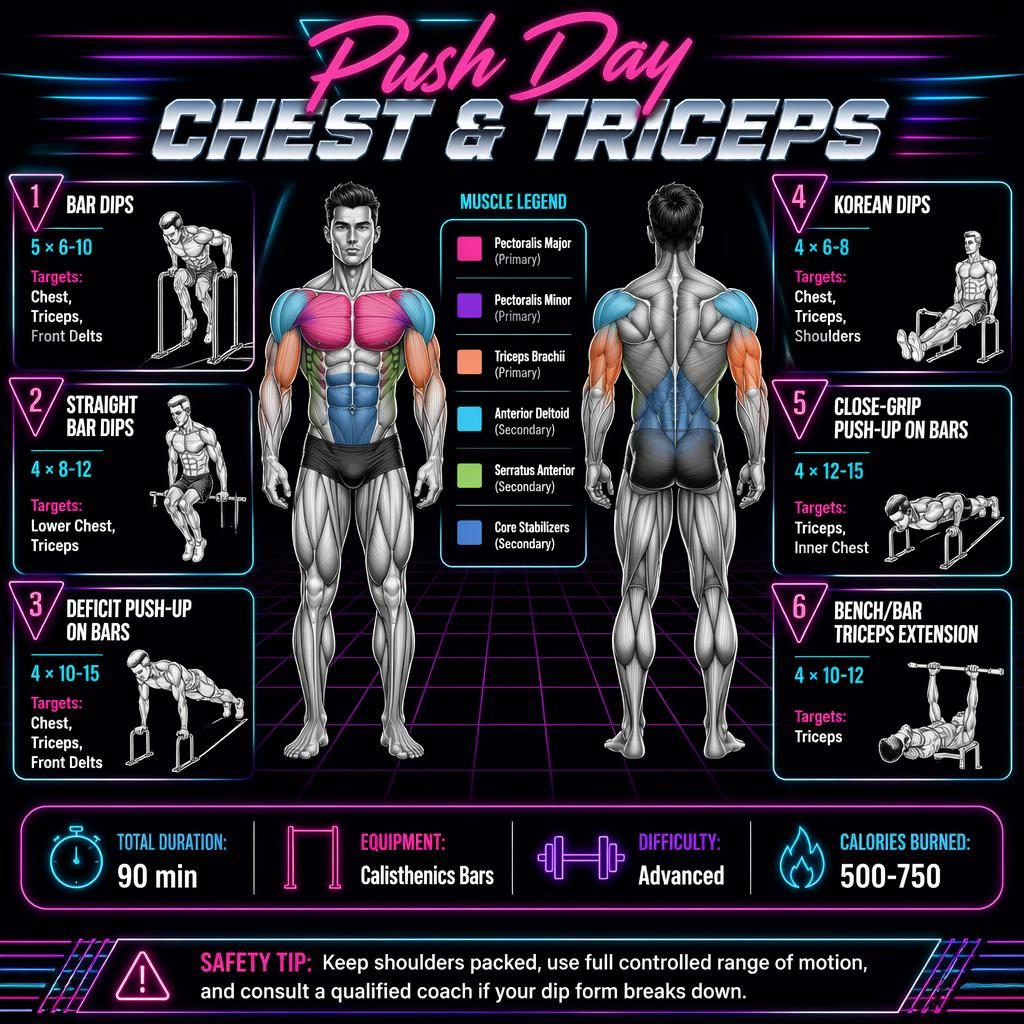 Retro neon push day chest and triceps workout infographic with anatomy figure, 6 exercise cards, stats strip, and safety tip.