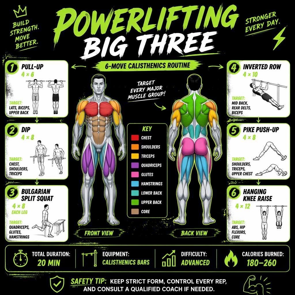 Neon green and black workout infographic with anatomical front and back figures, 6 exercise cards, stats strip, and safety tip.