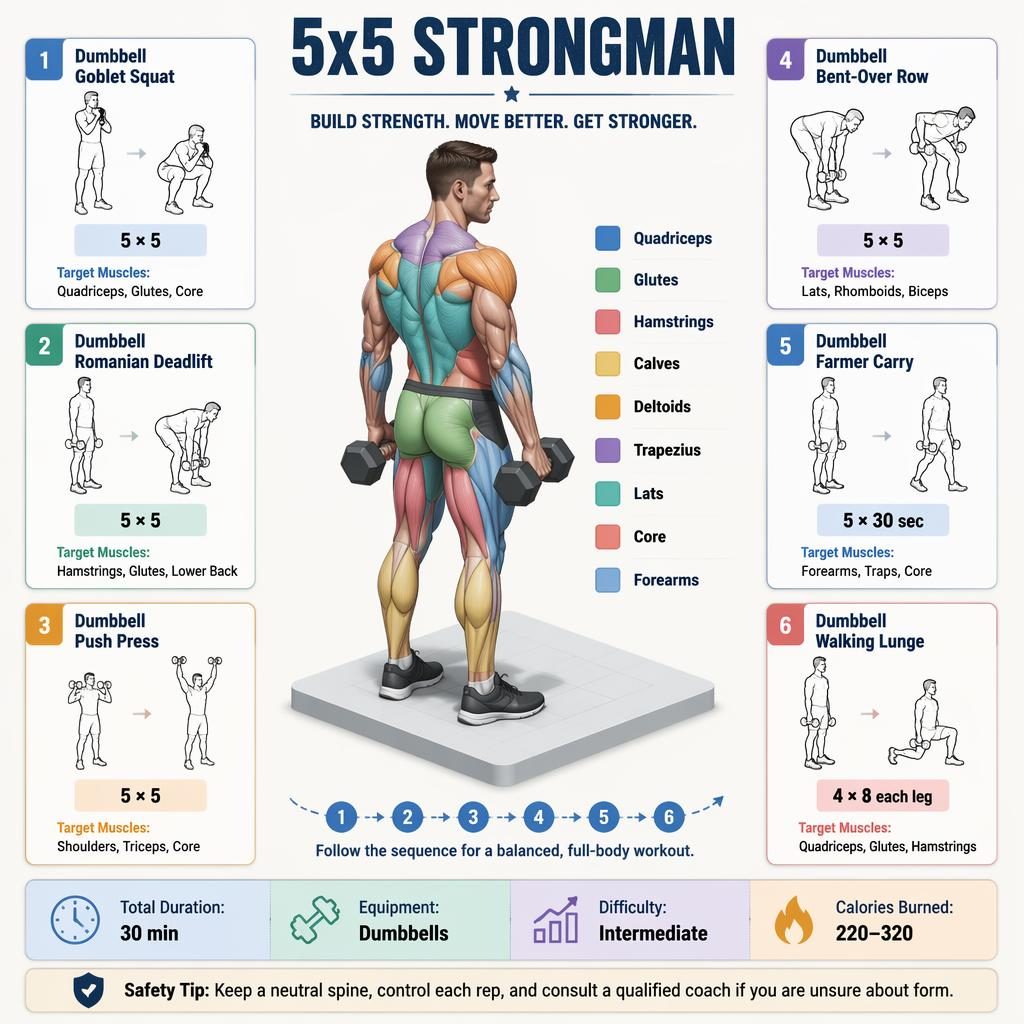 Isometric 3D workout infographic with human figure, highlighted muscles, 6 dumbbell exercise cards, stats strip, and safety tip.