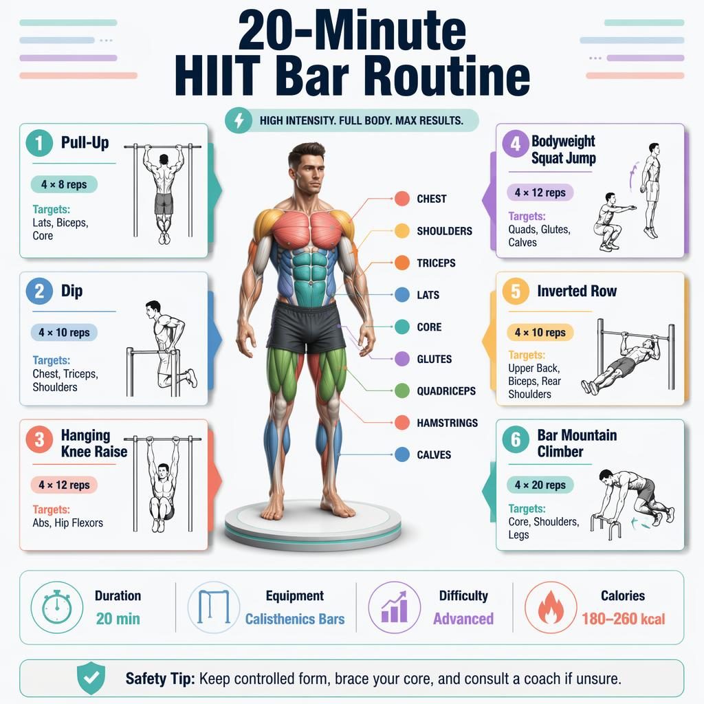 Workout infographic with anatomical figure, 6 HIIT bar exercise cards, muscle highlights, stats strip, and safety tip.