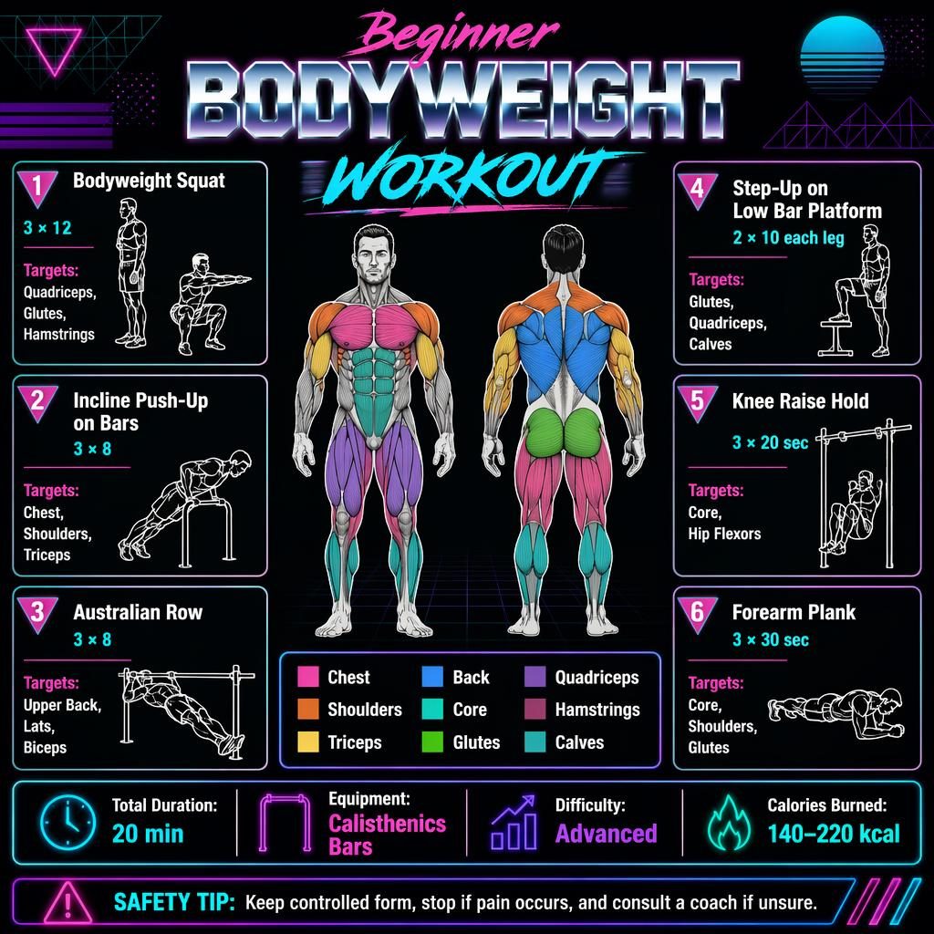 Dark mode beginner bodyweight workout infographic with muscle map, 6 exercise cards, stats strip, and safety tip.
