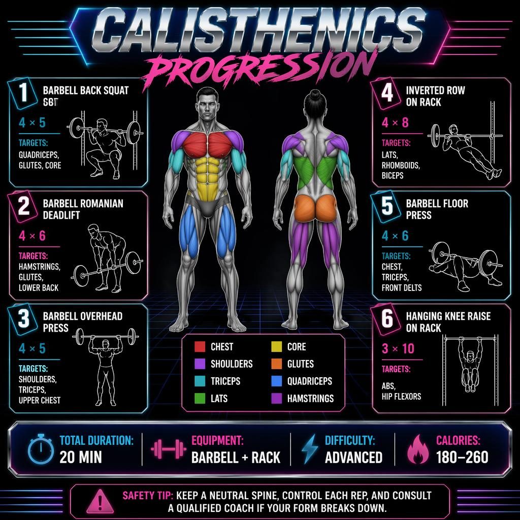 Dark retro fitness infographic with front and back athletic figure, highlighted muscles, and 6 numbered exercise cards.
