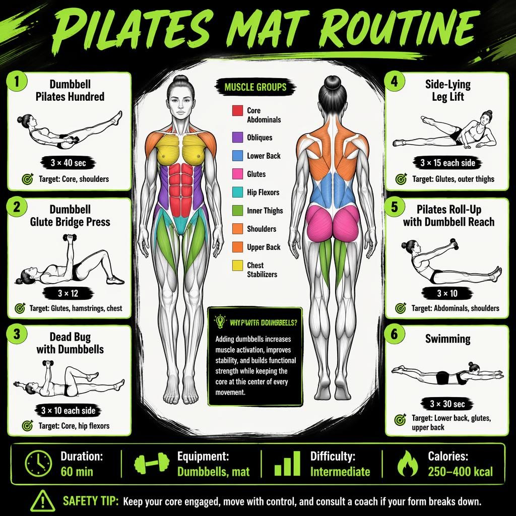 Neon green and black Pilates mat routine infographic with front and back anatomy figure, 6 exercise cards, stats strip, and safety tip.