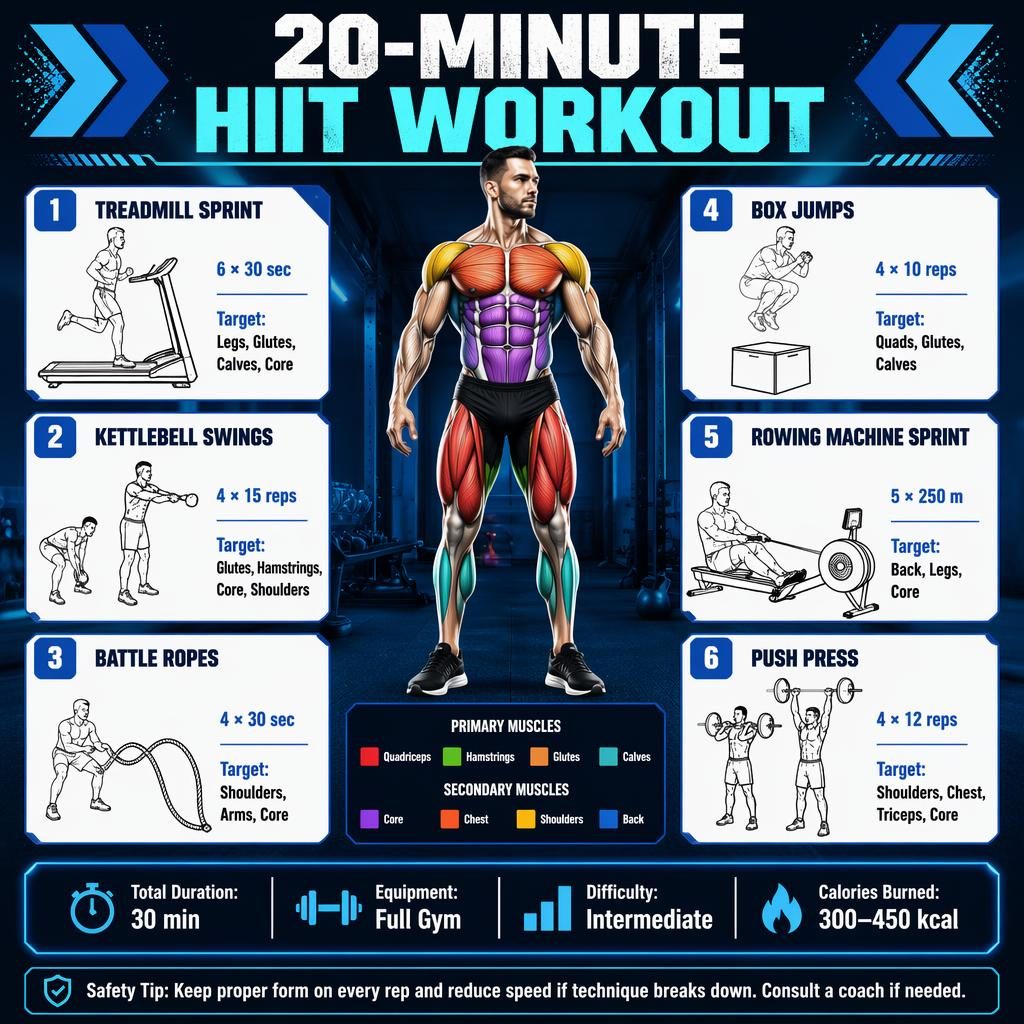 20-minute HIIT workout infographic with male anatomy figure, highlighted muscles, 6 exercise cards, and quick stats in blue.