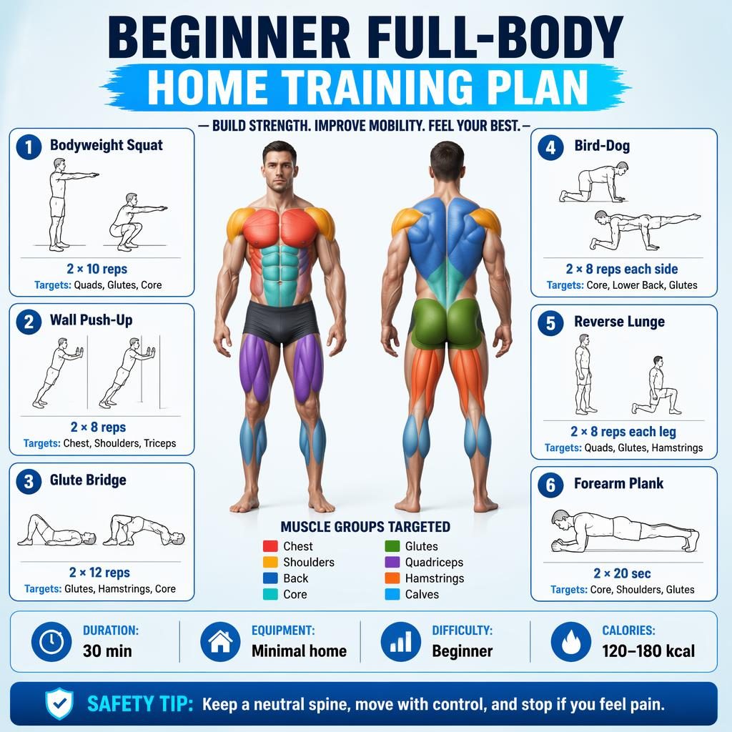 Infográfico de plano de treino full body em casa com figura anatômica, 6 exercícios, músculos destacados e dicas.