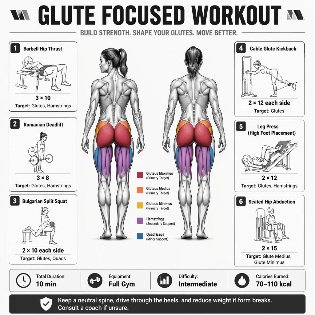 Minimal glute focused workout infographic with anatomical front and back figure, 6 exercise cards, stats strip, and safety tip.