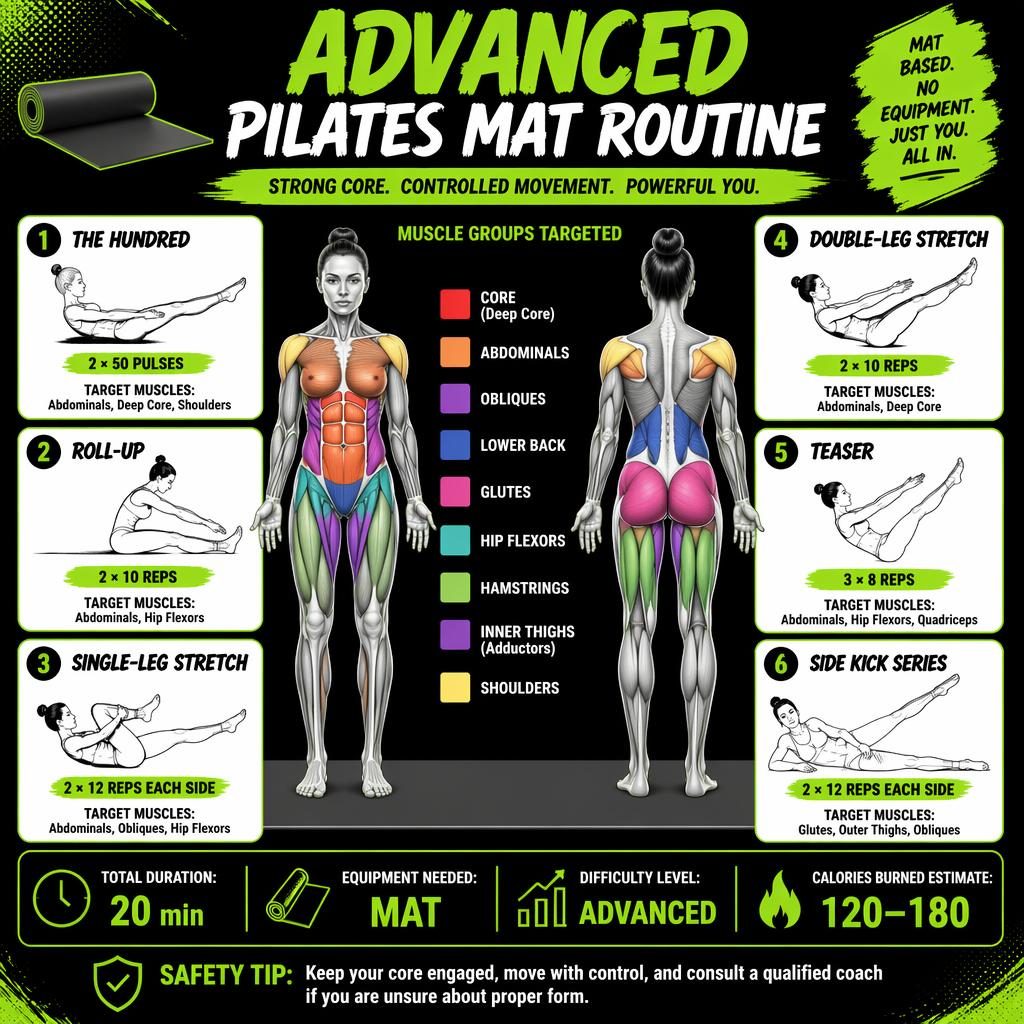 Neon green and black Pilates mat infographic with anatomical figure, 6 advanced exercises, muscle highlights, and stats.