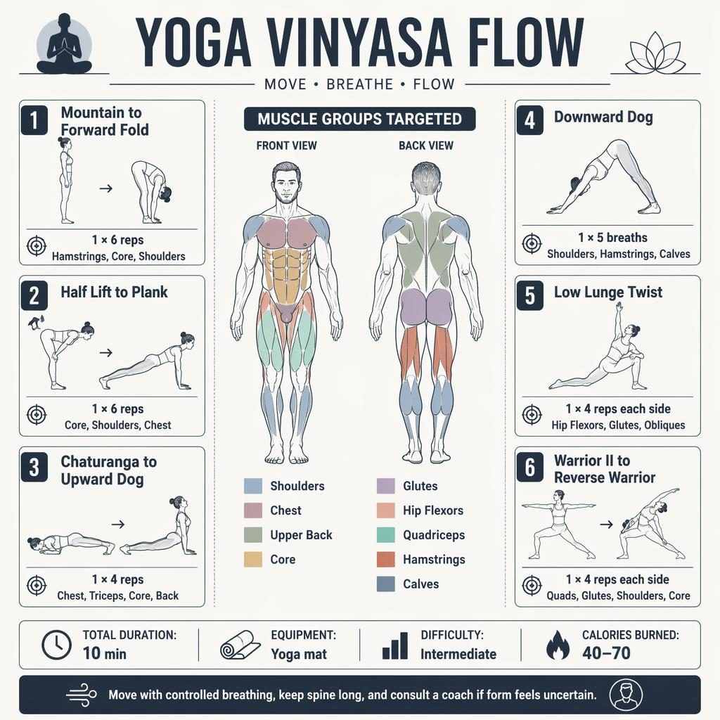 Monochrome yoga vinyasa flow infographic with anatomy front/back figures, highlighted muscles, 6 exercise cards, stats strip.