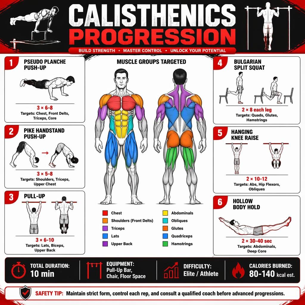 Vertical calisthenics infographic poster with anatomical front and back figures, 6 exercise cards, muscle highlights, and stats.