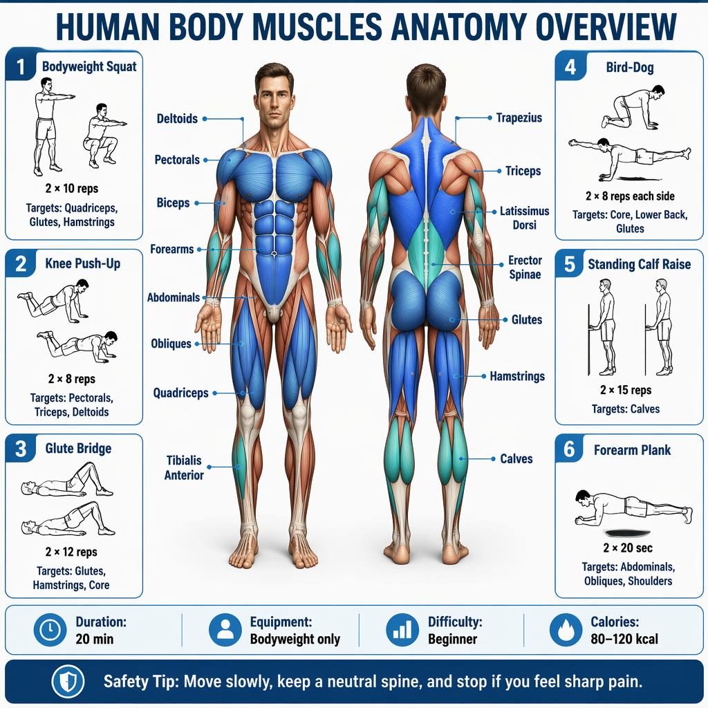 Infográfico anatômico com vista frontal e traseira dos músculos do corpo humano e 6 exercícios numerados