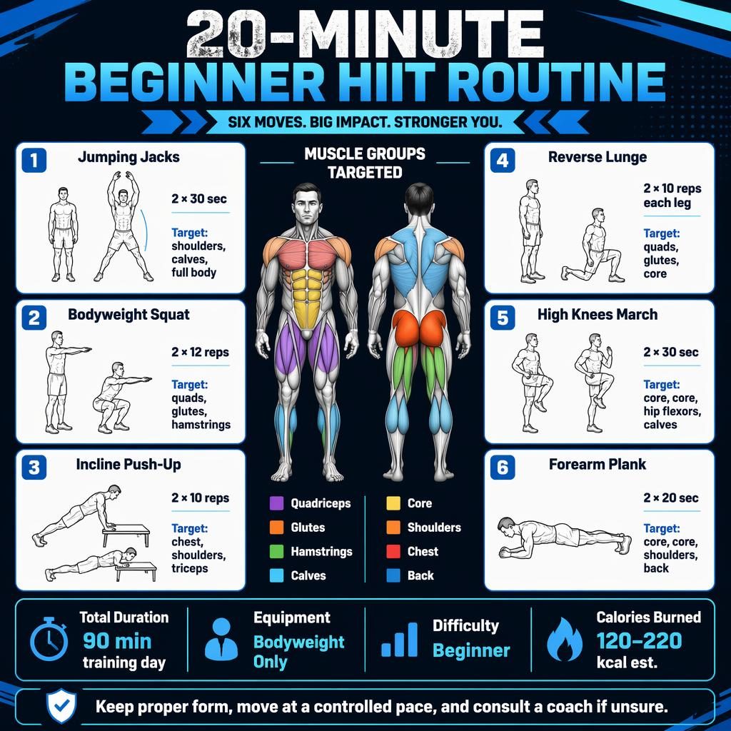 Beginner HIIT infographic with anatomical muscle map, 6 exercise cards, stats strip, and blue gym poster layout.