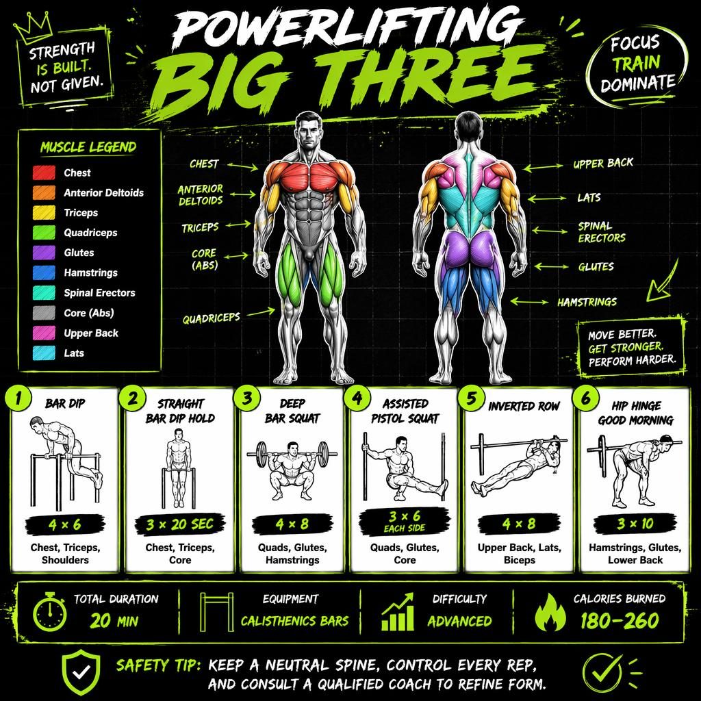 Neon green and black sketchnote infographic of the Powerlifting Big Three with anatomy views, 6 exercise cards, legend, stats.