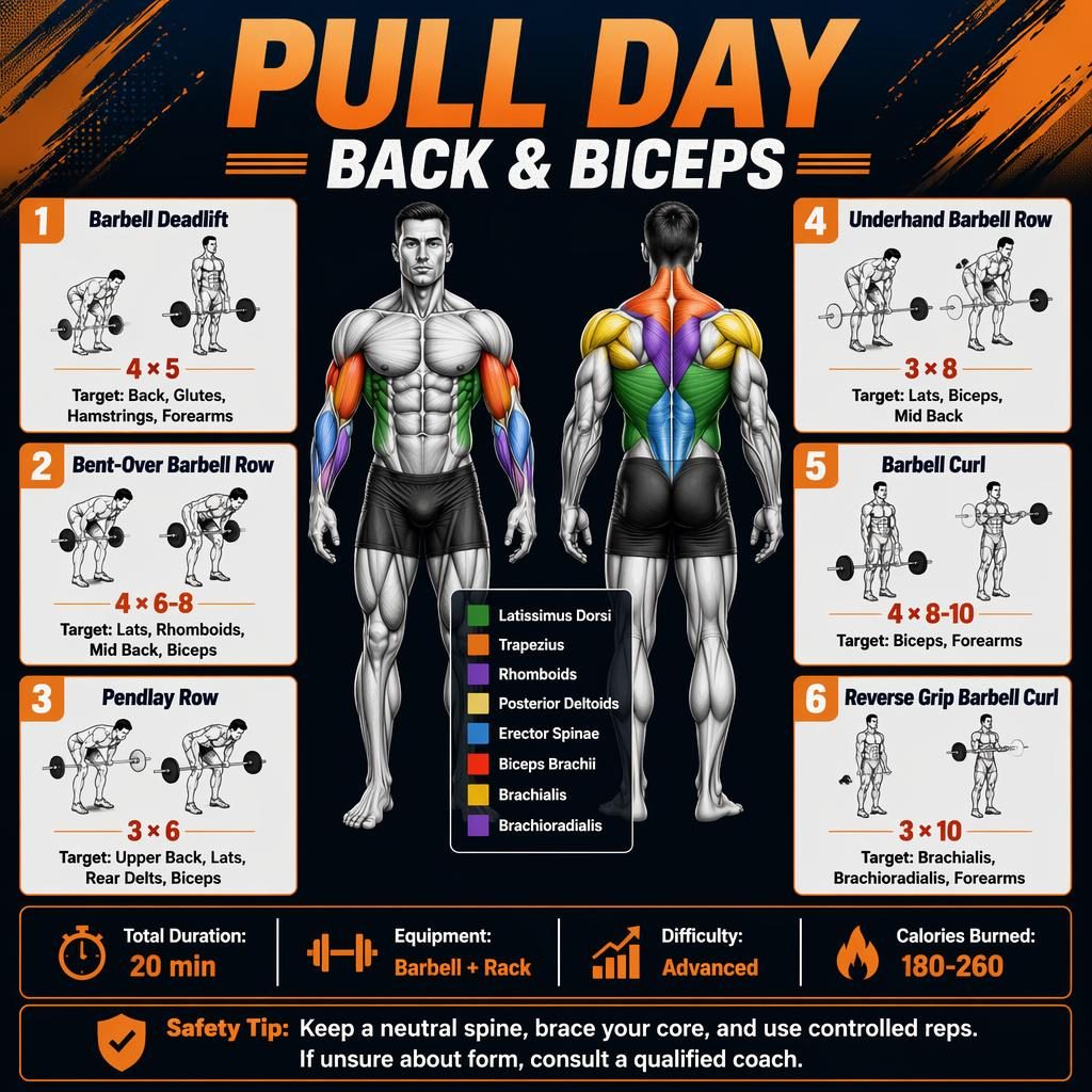 Pull day back and biceps workout infographic with anatomy figure, 6 barbell exercise cards, stats strip, and safety tip.