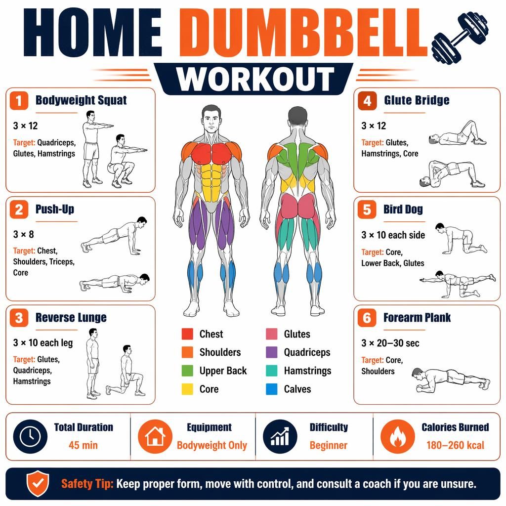 Home Dumbbell Workout infographic with human muscle map, 6 exercise cards, stats strip, and safety tip in orange and navy.