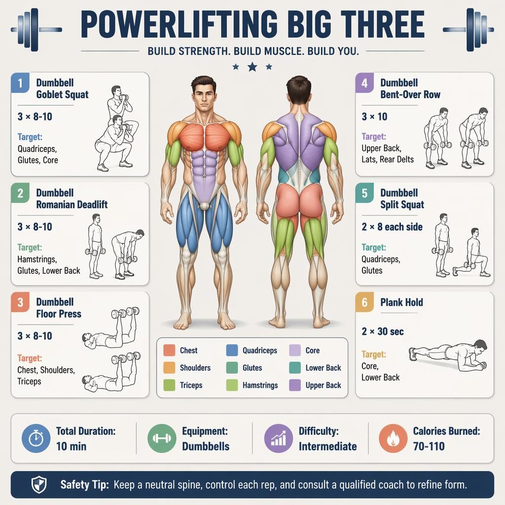 Infographie fitness isométrique Powerlifting Big Three avec figure anatomique avant et arrière, 6 exercices et statistiques.