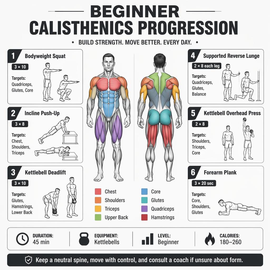 Minimal grayscale workout infographic with front and back muscle map and 6 beginner exercise cards with sets, reps, stats, and safety tip.