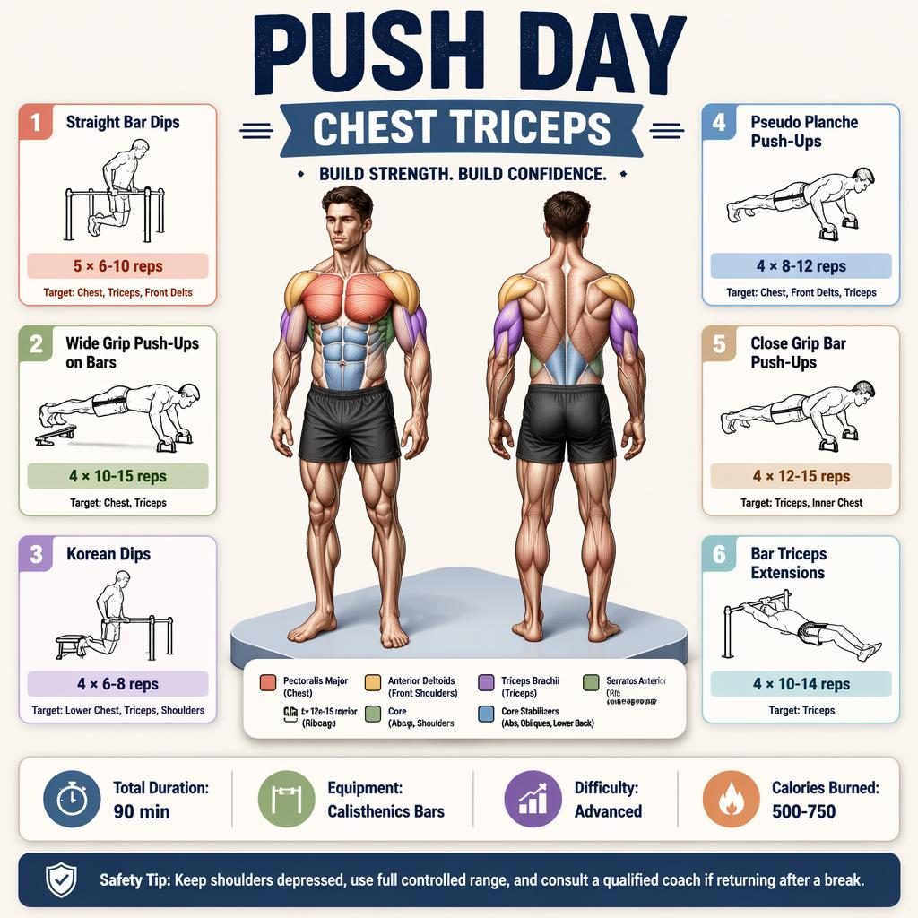 Fitness infographic with front and back male anatomy, highlighted chest and triceps muscles, and 6 push day exercise cards.
