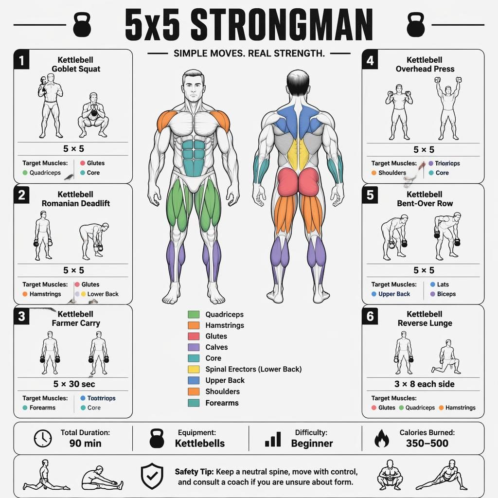 Monochrome 5x5 Strongman workout infographic with front-back muscle map, 6 kettlebell exercise cards, stats strip, and safety tip.