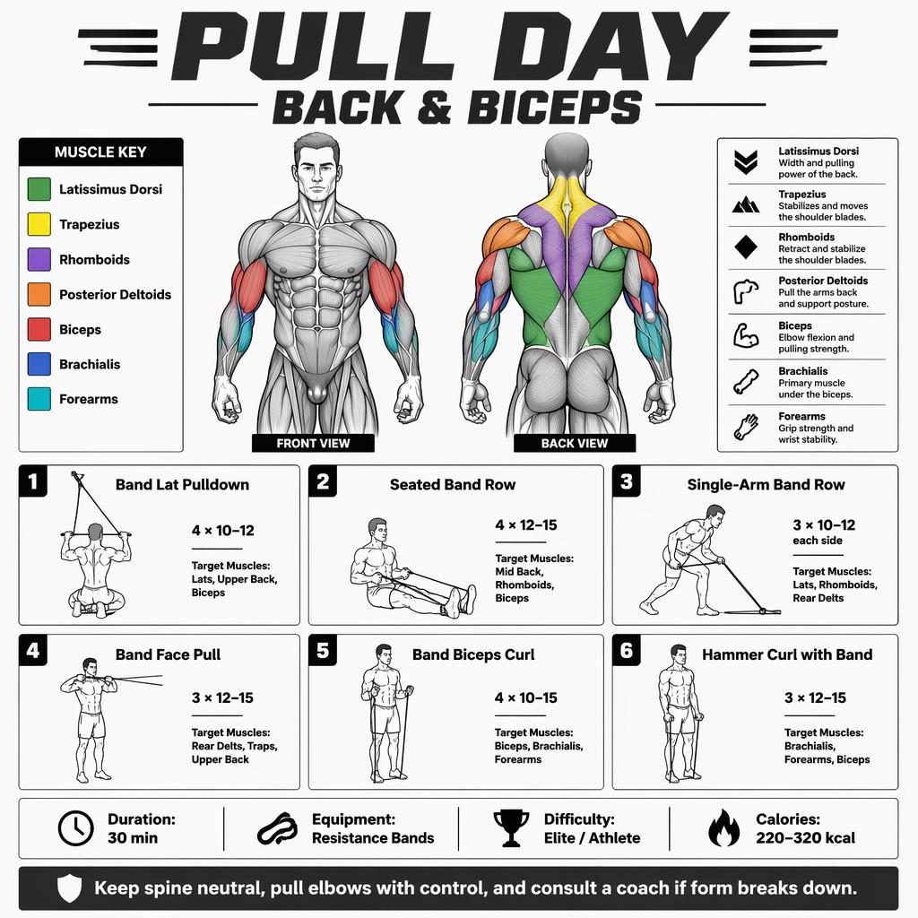 Grayscale pull day workout infographic with anatomy views, 6 band exercises, quick stats, and a safety tip.