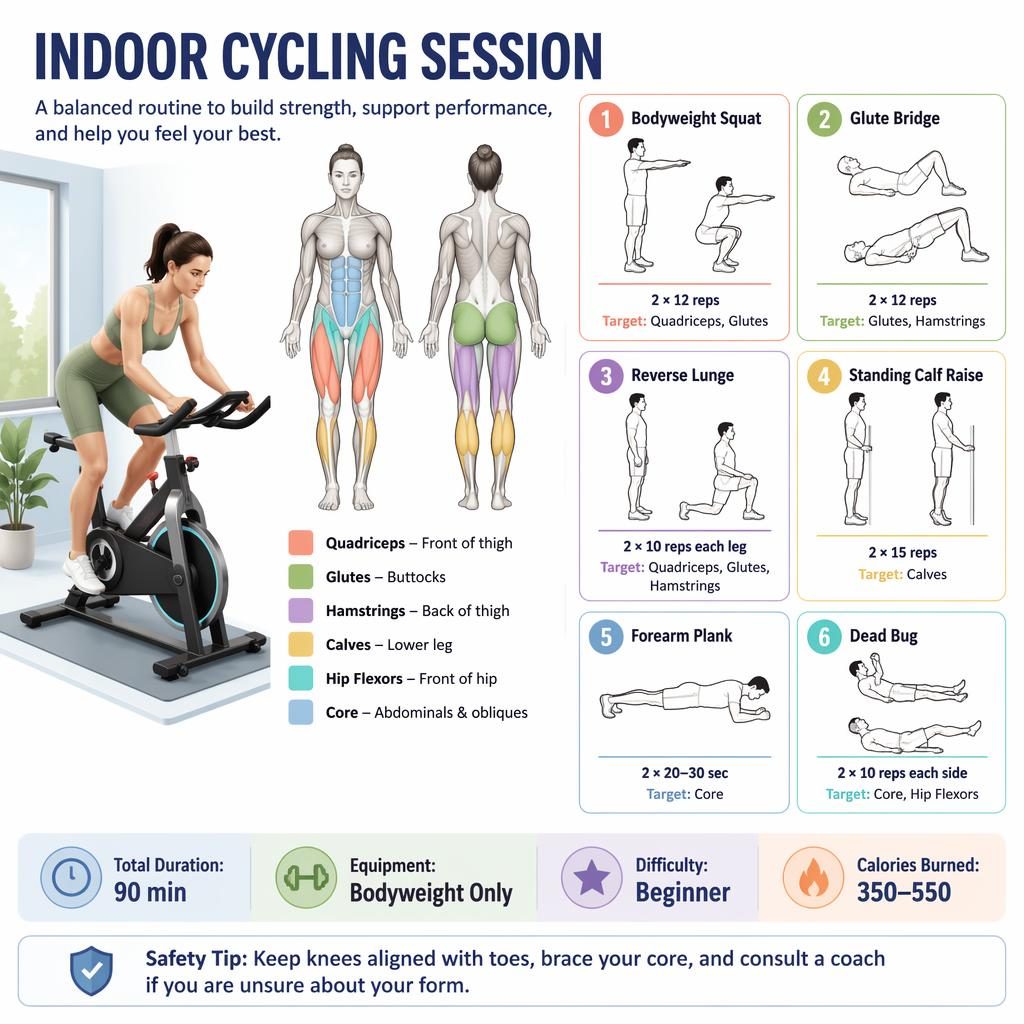 Indoor Cycling Session infographic with anatomy figure, highlighted leg and core muscles, 6 exercise cards, stats, and safety tip.