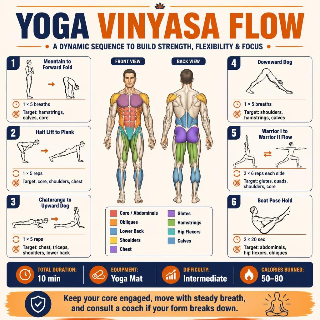 Yoga Vinyasa Flow workout infographic with front and back anatomy figure, 6 exercise cards, muscle legend, and stats.