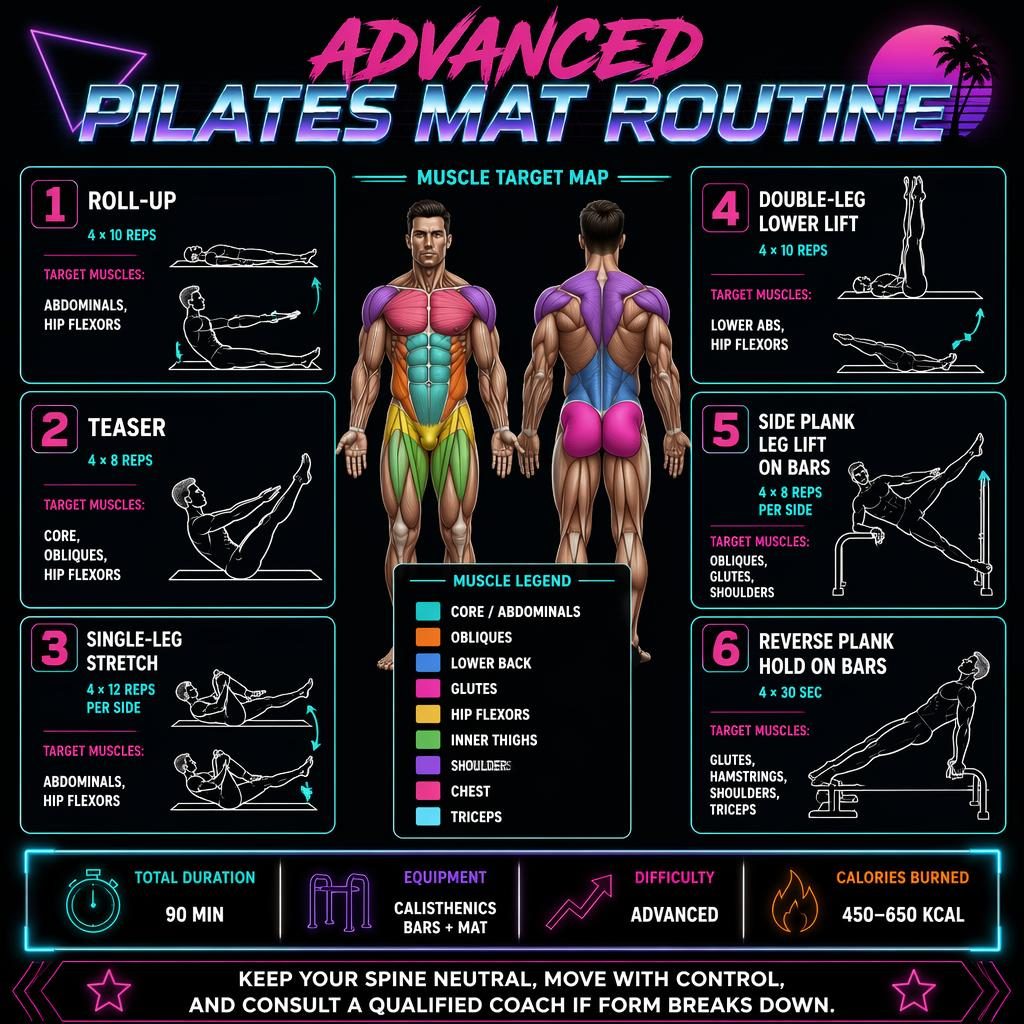 Advanced Pilates mat routine infographic with anatomical front and back figures, muscle legend, 6 exercise cards, and stats.