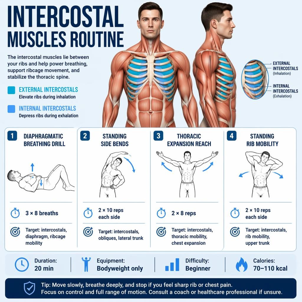Infográfico fitness anatômico com figura adulta em vista frontal e lateral destacando os músculos costais em azul.