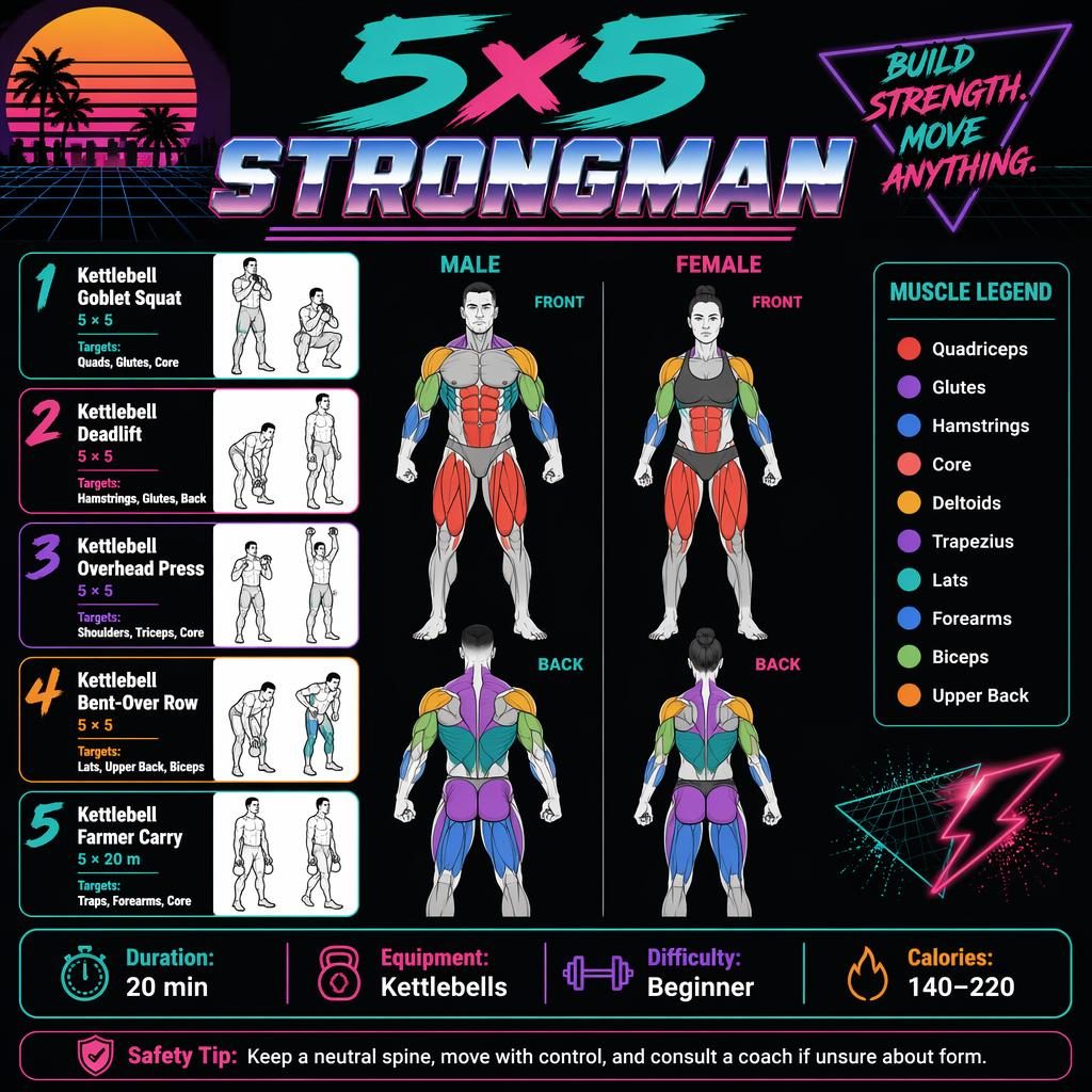 Dark retro workout infographic with front and back anatomy figure and 5 kettlebell exercise cards for a 5x5 strongman routine.