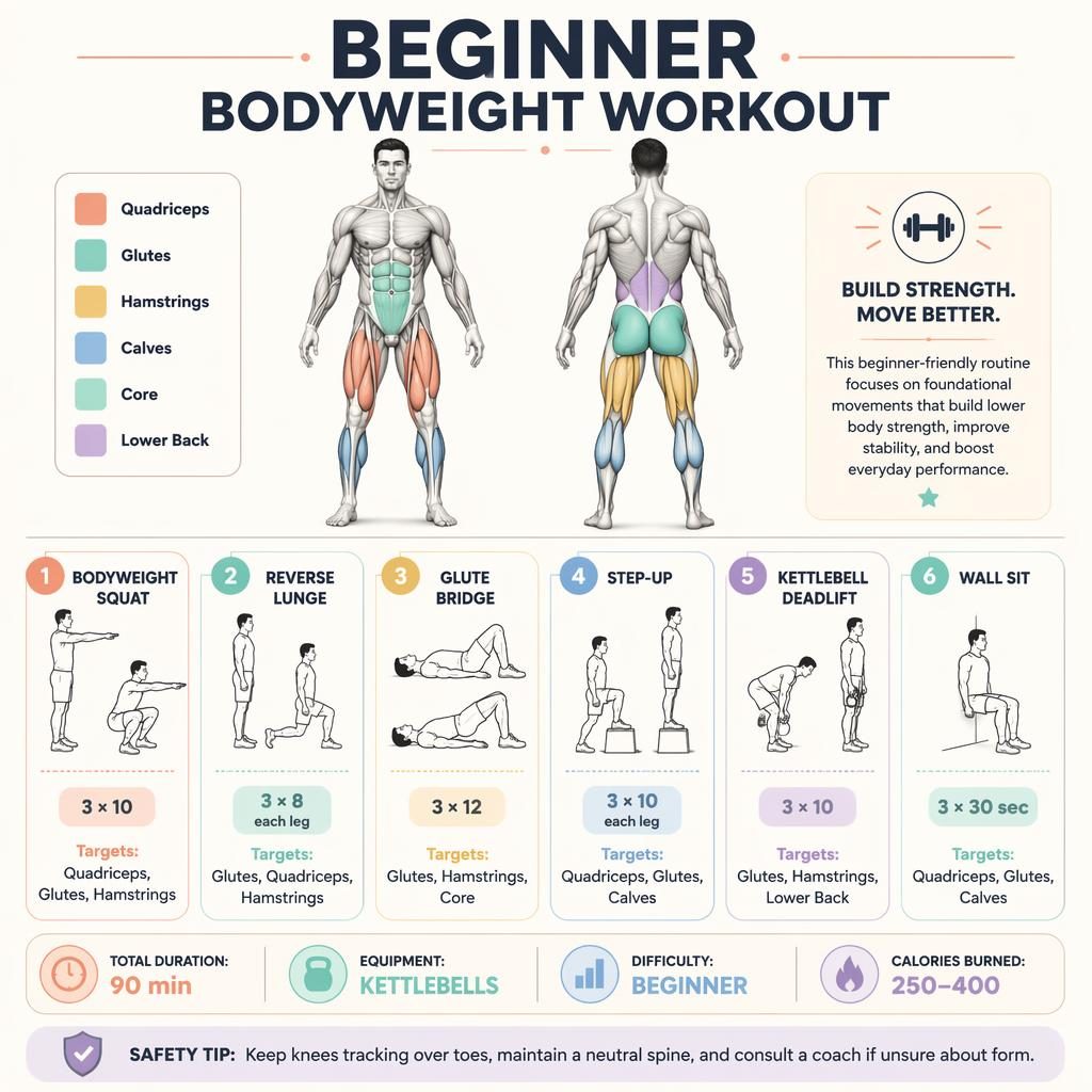 Beginner leg day workout chart infographic with front and back anatomy views, 6 exercise cards, stats strip, and safety tip.