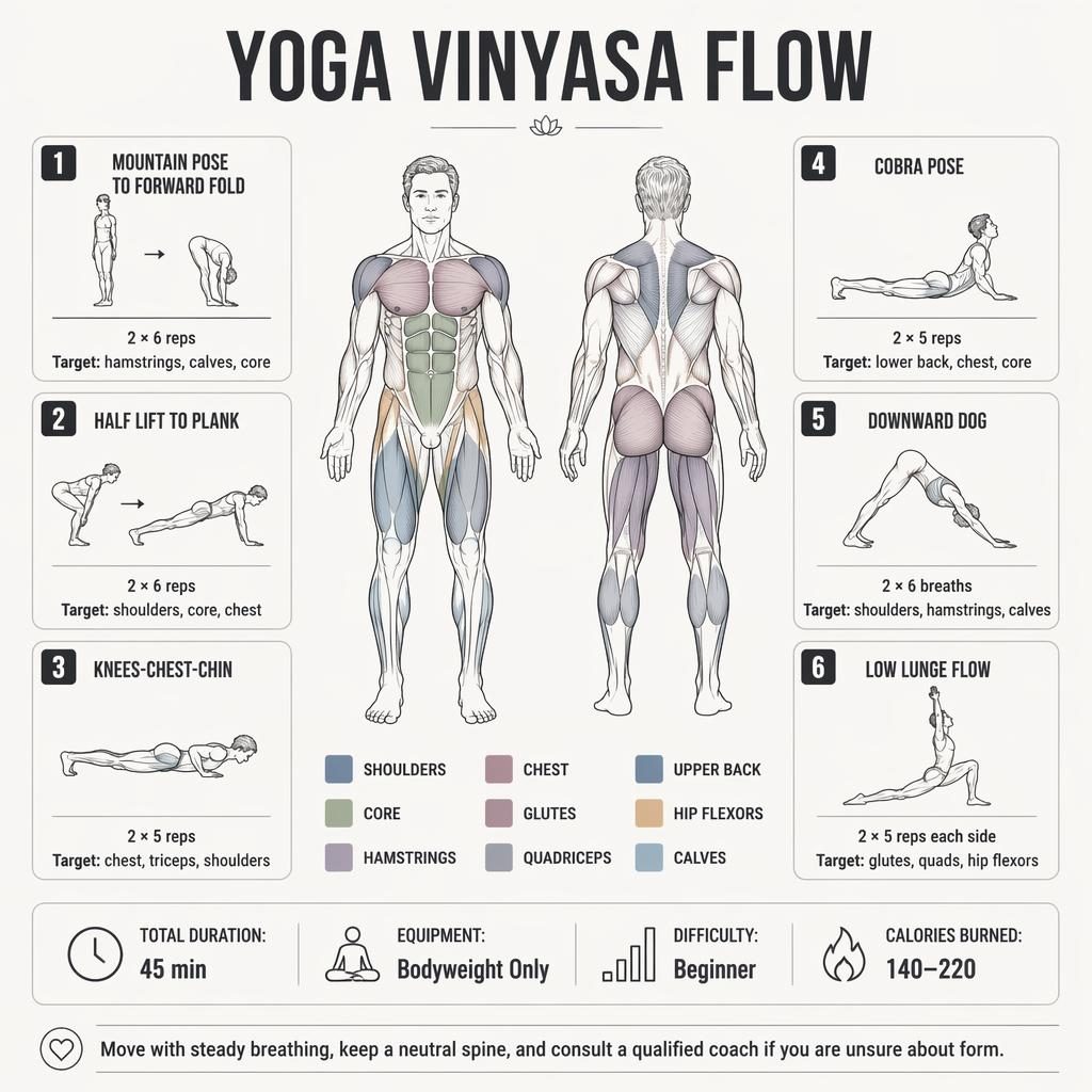 Monochrome Yoga Vinyasa Flow workout infographic with front and back anatomy figure, 6 exercise cards, stats strip, and safety tip.
