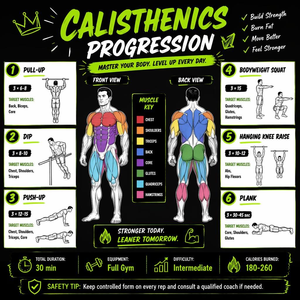 Neon green and black calisthenics progression infographic with anatomical front and back figure, 6 exercise cards, stats strip, and safety tip.