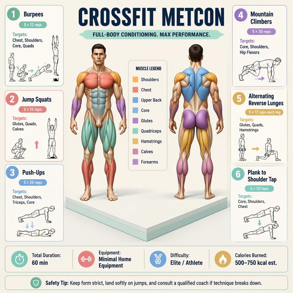 CrossFit Metcon fitness infographic with front and back muscle map, 6 exercise cards, legend, quick stats, and safety tip.