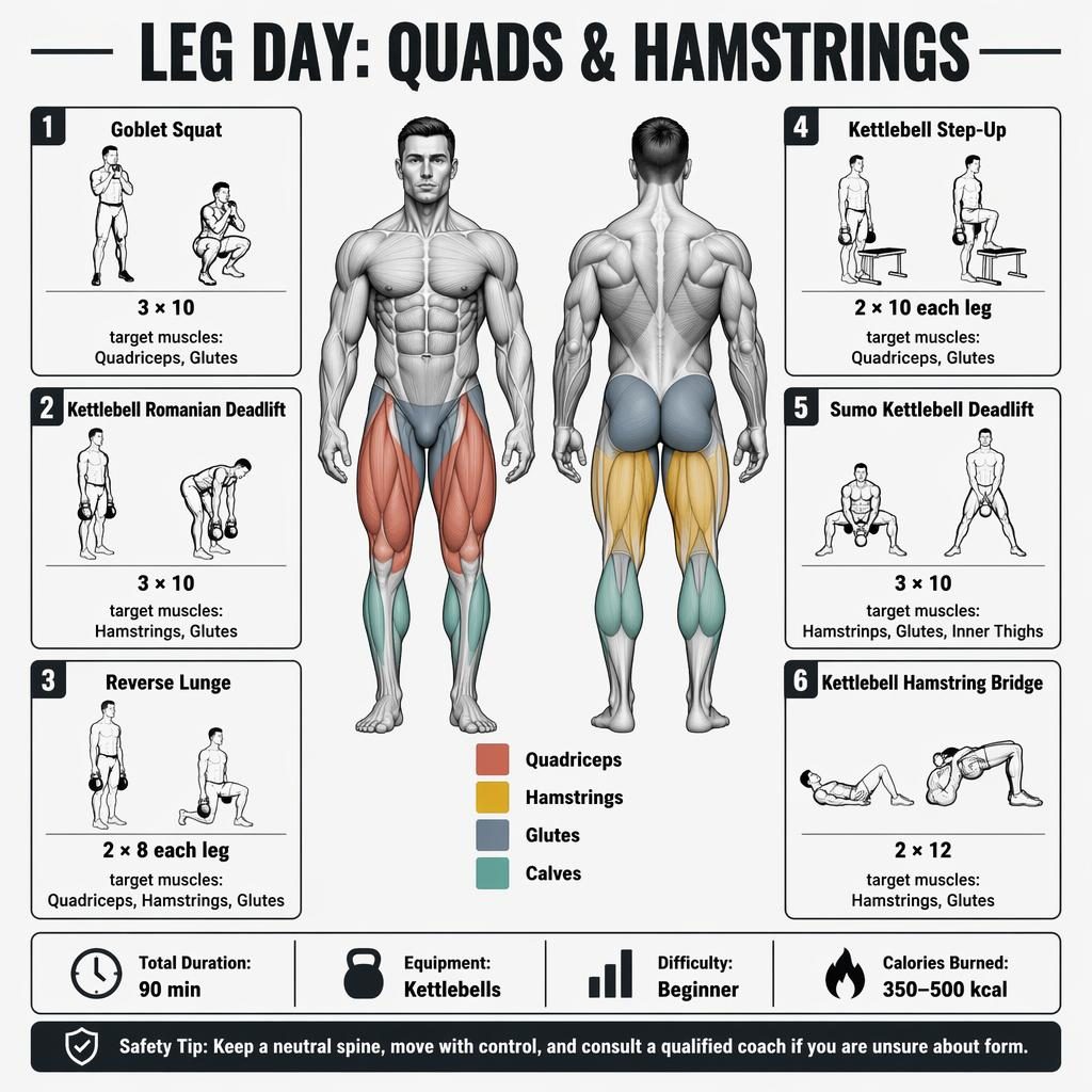 Leg day workout infographic with front and back muscle figure, 6 kettlebell exercise cards, stats strip, and safety tip.