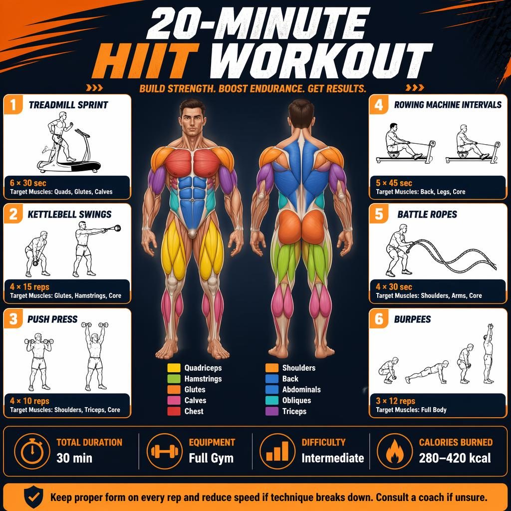 HIIT workout infographic with front and back anatomy figure, highlighted muscles, 6 exercise cards, stats strip, and safety tip.