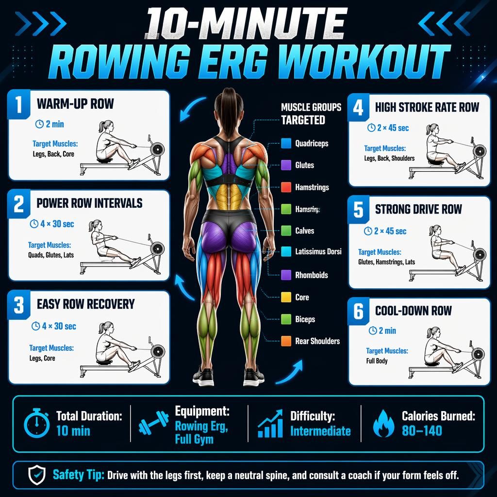 Blue rowing workout infographic with female anatomy figure, 6 exercise cards, muscle highlights, stats strip, and safety tip.