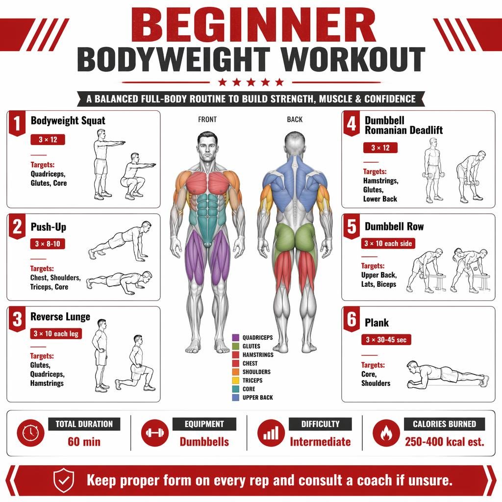 Fitness infographic with front and back anatomy figure, highlighted muscles, 6 exercise cards, and workout stats strip.