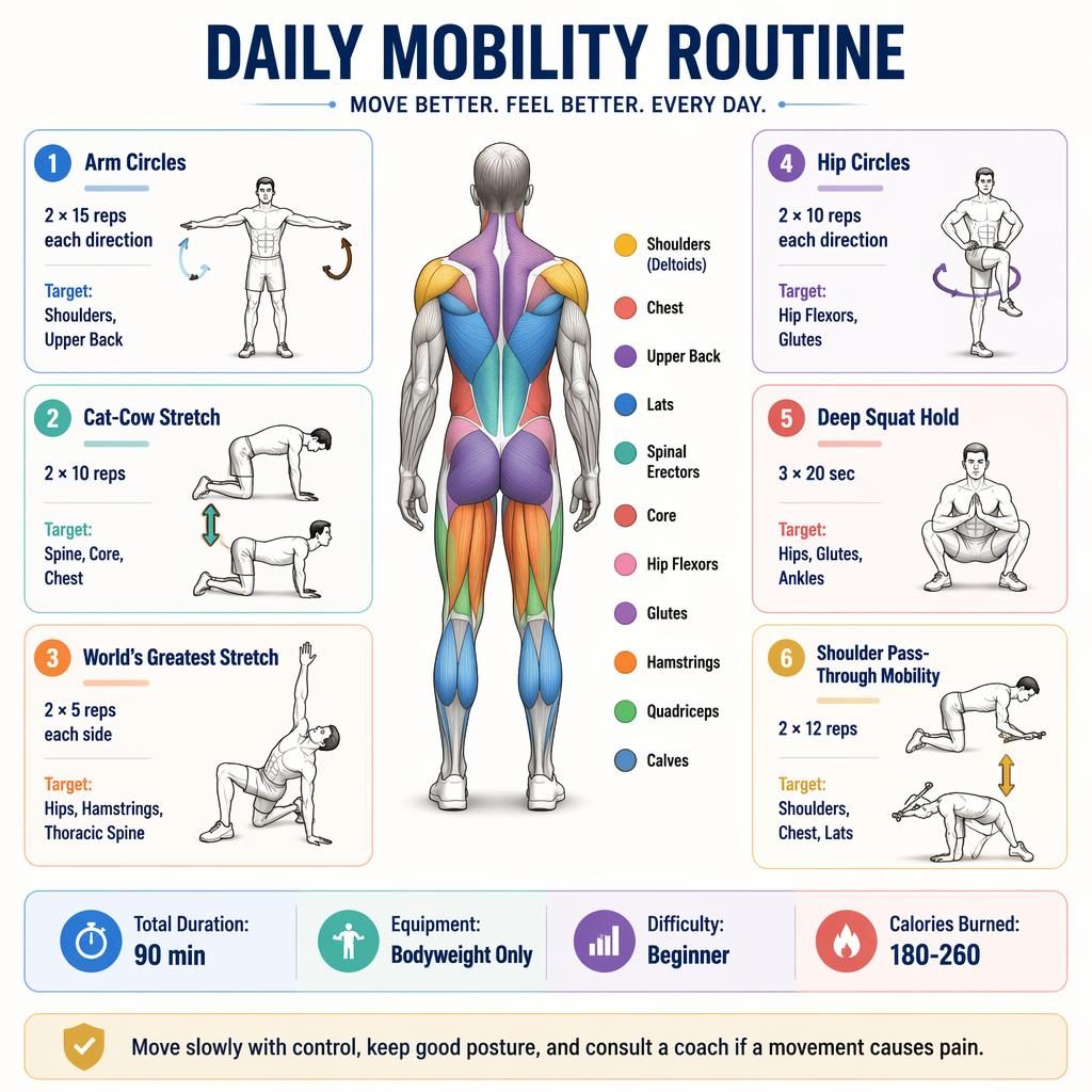 Isometric 3D Daily Mobility Routine infographic with human figure, highlighted muscles, 6 exercise cards, stats strip, and safety tip.