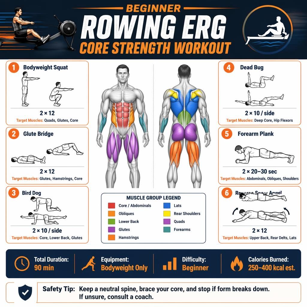 Fitness infographic with front and back anatomy figure, 6 beginner rowing erg core exercises, muscle highlights, stats, and safety tip.