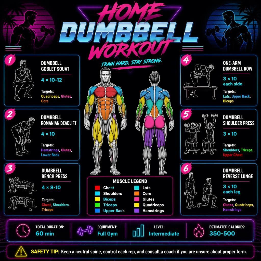 Retro dark-mode home dumbbell workout infographic with male and female anatomy figures, 6 exercise cards, legend, stats, and safety tip.