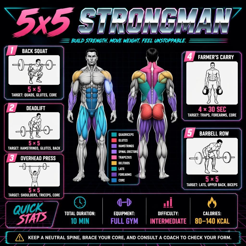 Dark mode 5x5 Strongman workout memberships infographic with front and back anatomy figure, 5 exercise cards, and stats.
