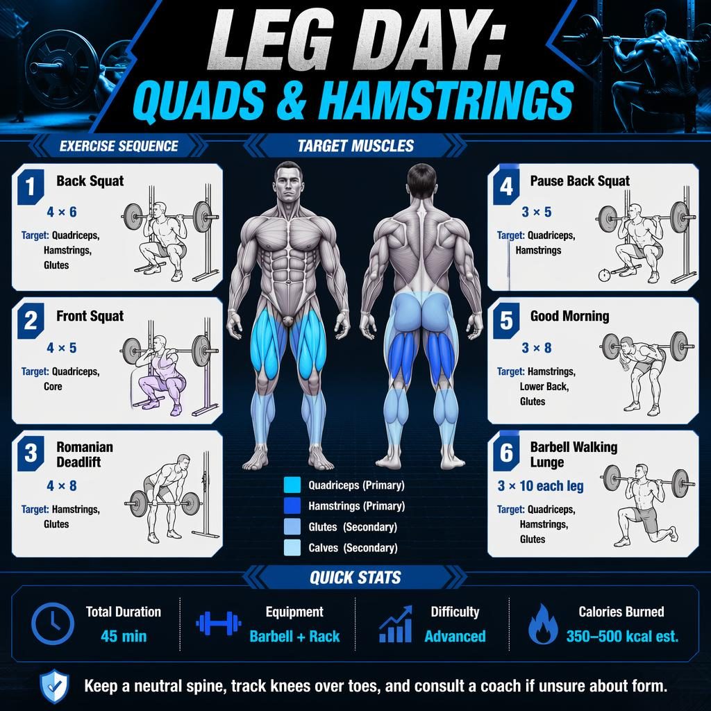 Vertical leg day workout infographic with front and back muscle map, 6 barbell exercises, quick stats, and safety tip.