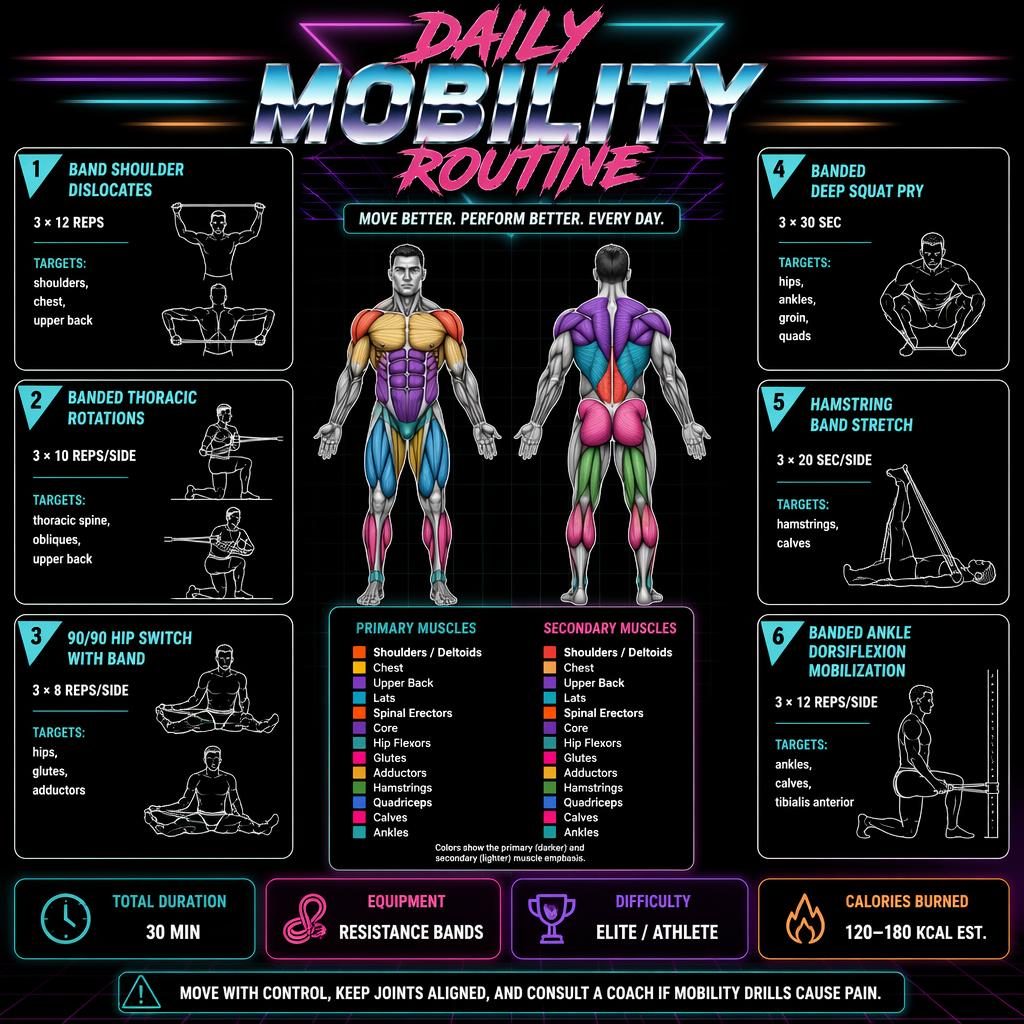 Daily Mobility Routine infographic with front and back anatomy figure, 6 exercise cards, muscle legend, and stats strip.