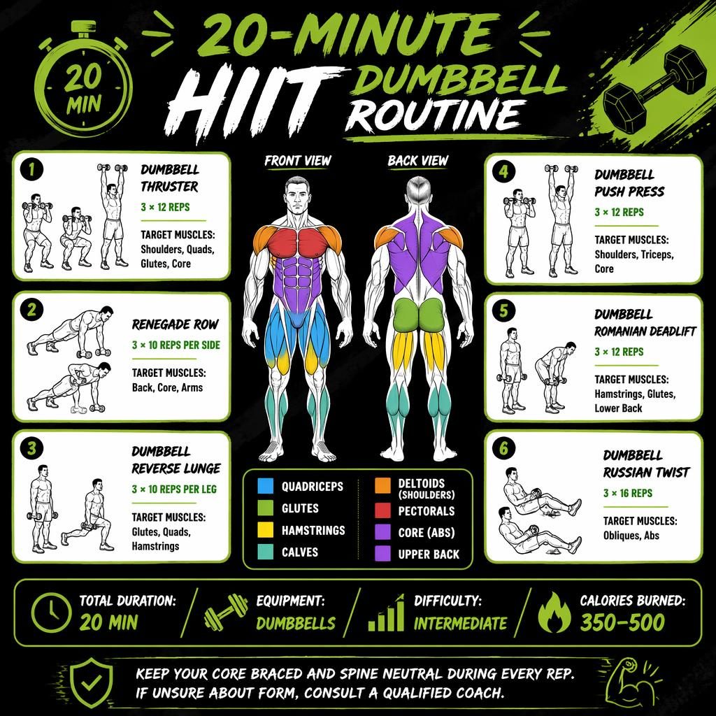 Neon green and black gym infographic with anatomical front and back figures and 6 dumbbell exercise cards.