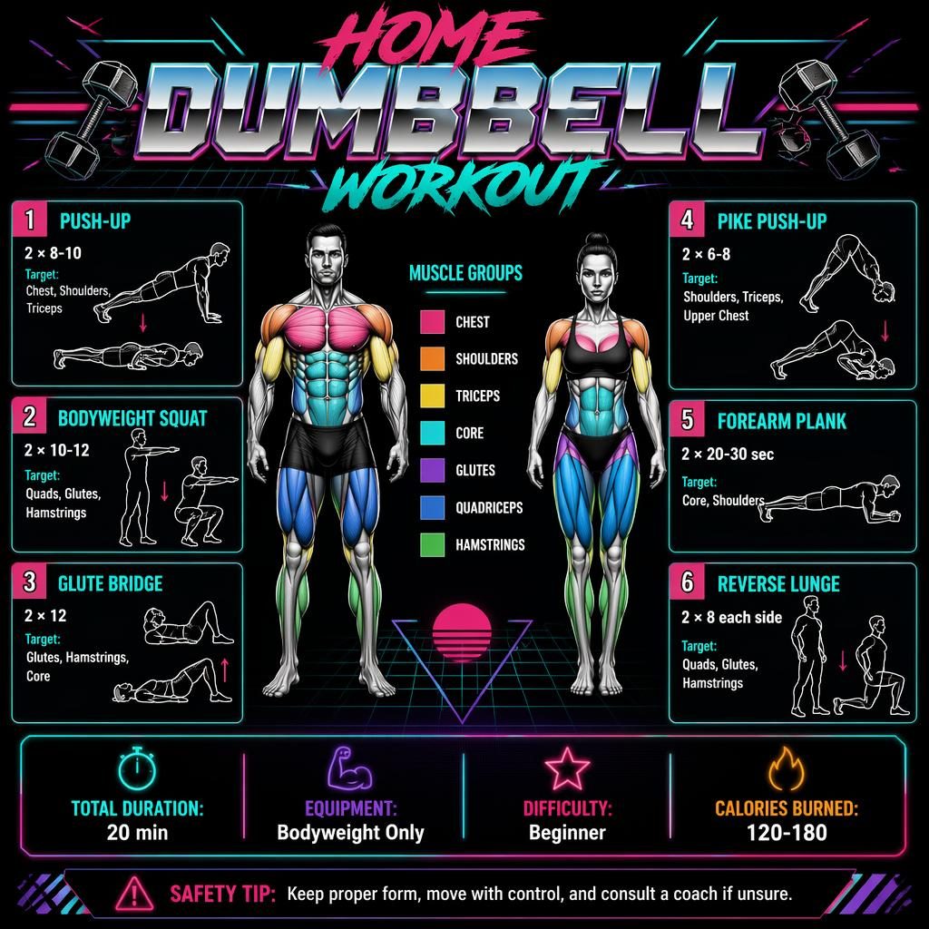 Retro-style workout infographic with male and female figures, highlighted muscles, 6 exercise cards, and beginner stats.