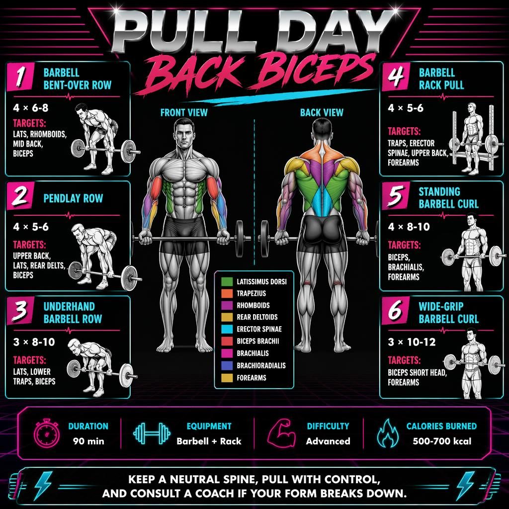Pull day back and biceps workout infographic with anatomy figure, 6 barbell exercise cards, quick stats, and safety tip.
