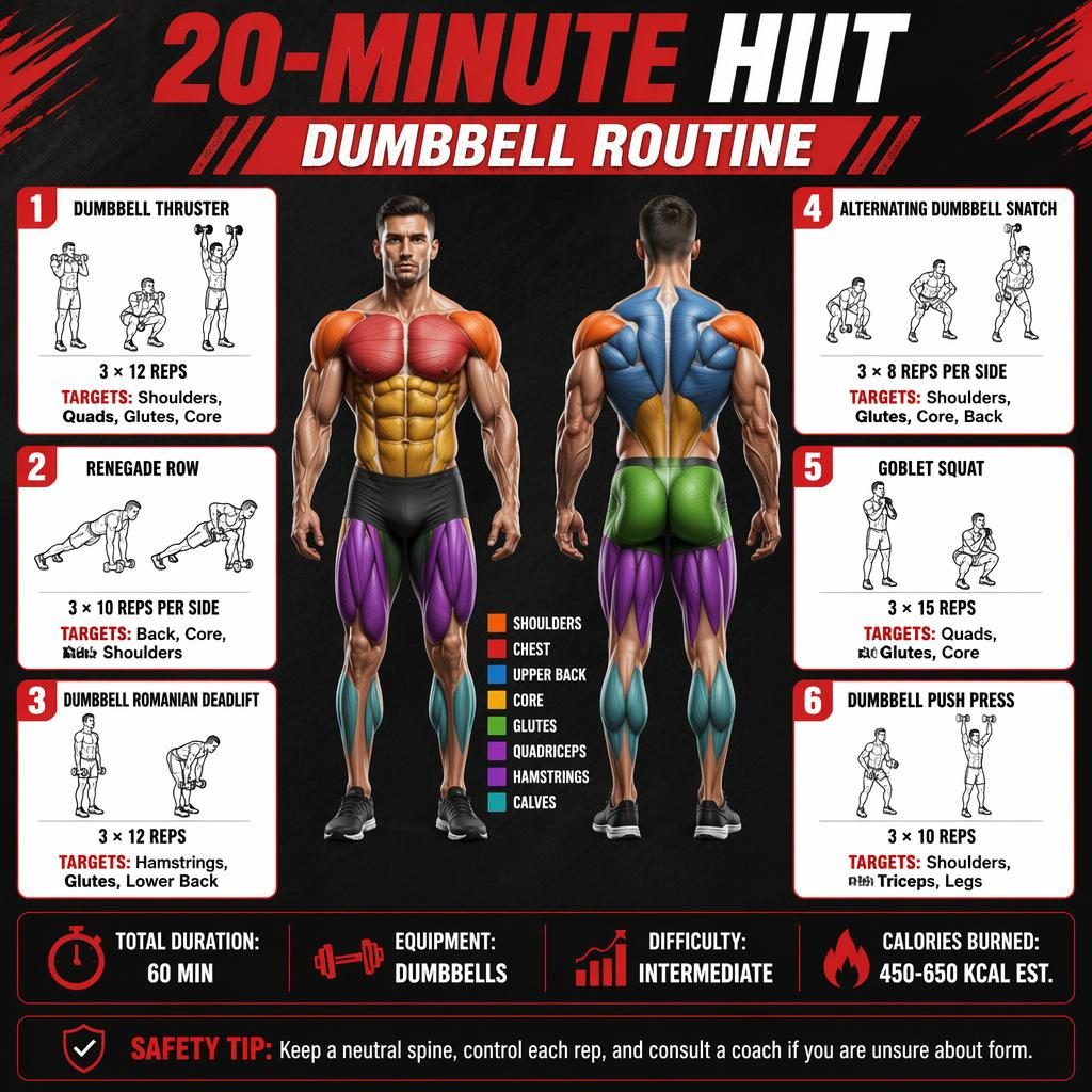 Workout infographic with male front and back anatomy, 6 dumbbell HIIT exercise cards, muscle highlights, stats strip, and safety tip.