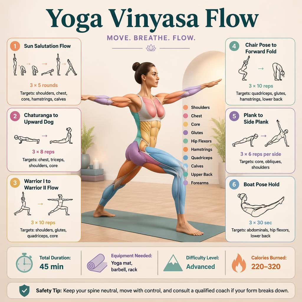 Yoga Vinyasa Flow fitness infographic with central muscle map, 6 numbered exercise cards, and quick stats in pastel 3D style.