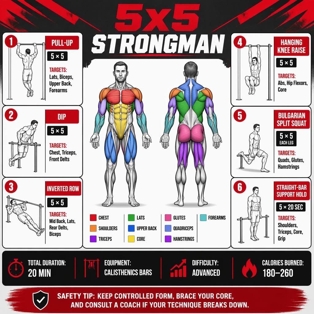 5x5 Strongman workout infographic with front and back anatomy figure, 6 exercise cards, muscle shading, and stats strip.