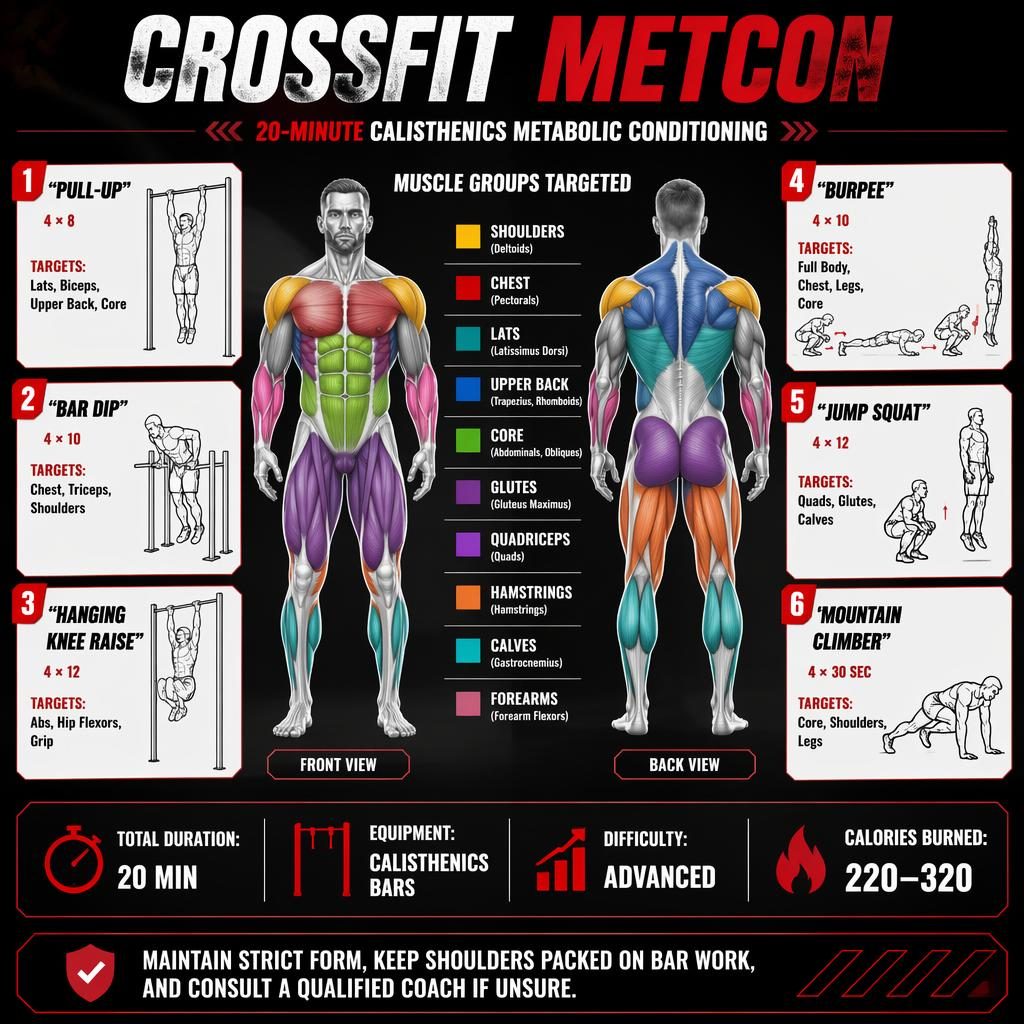 CrossFit Metcon workout infographic with front and back anatomical figures, highlighted muscles, 6 exercise cards, legend, stats.